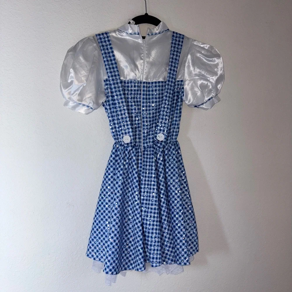 Rubies gingham wizard of oz Pinafore Dress Kids Blue Sequin Lace Trim Costume m